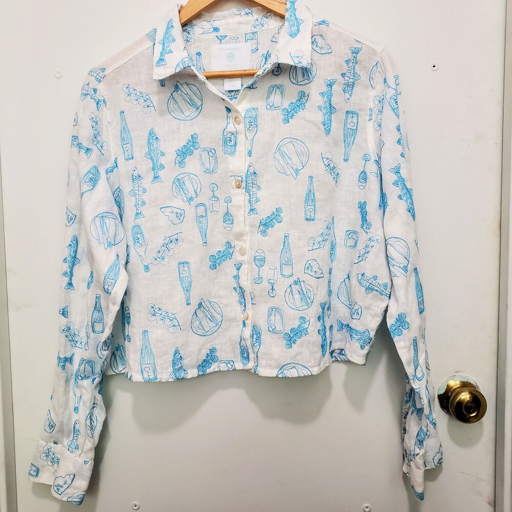 Cynthia Rowley Linen Cropped Blouse L Blue Embroidery Coastal Chic Cottagecore